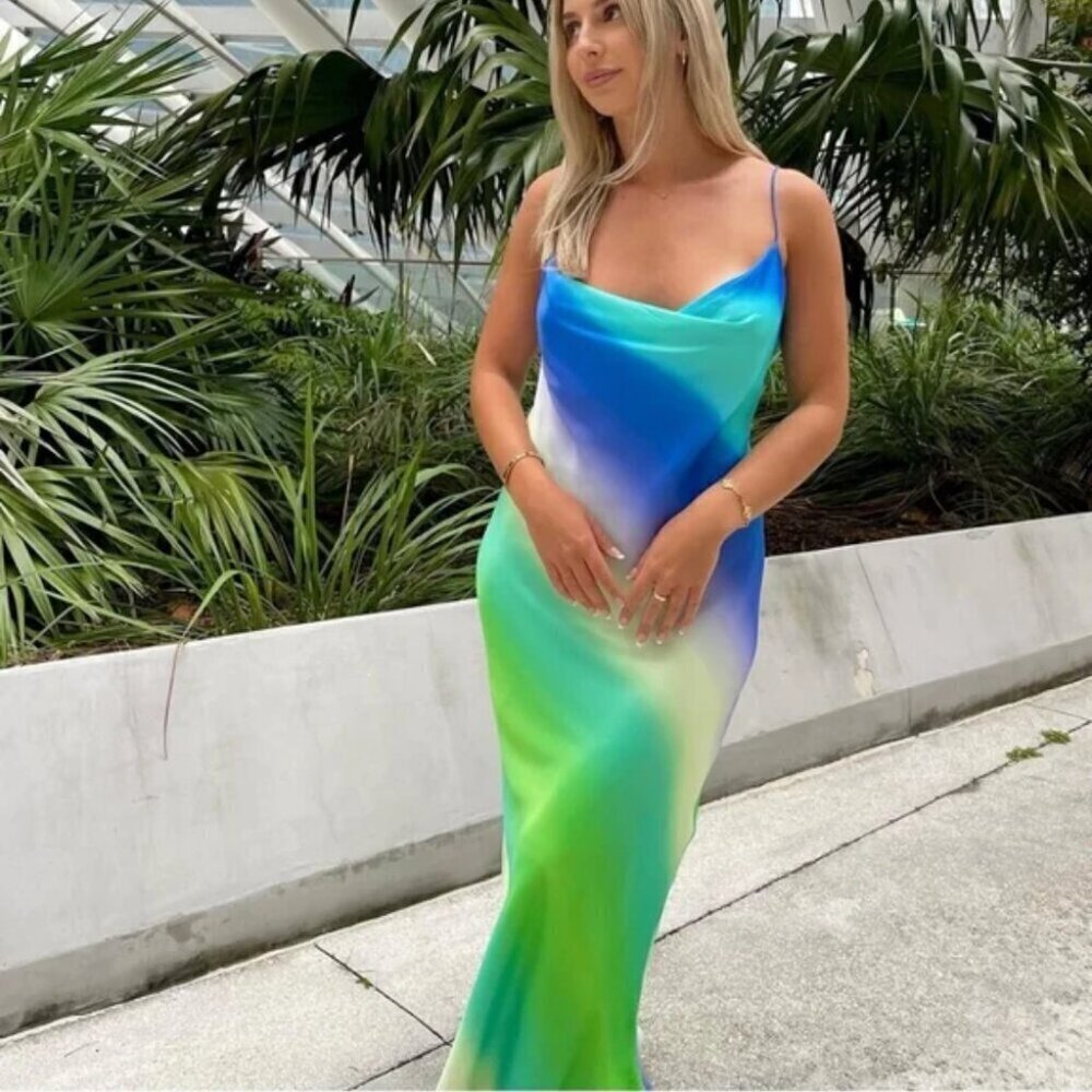 Zara Multicolored Tie Dye Satin Effect Cross Back Midi Dress Blue Green Ombre XS